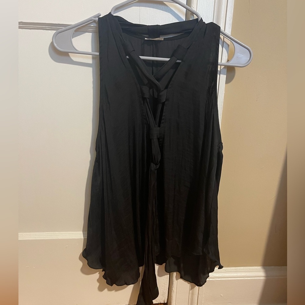 Black Sleeveless Blouse with Tie Detail